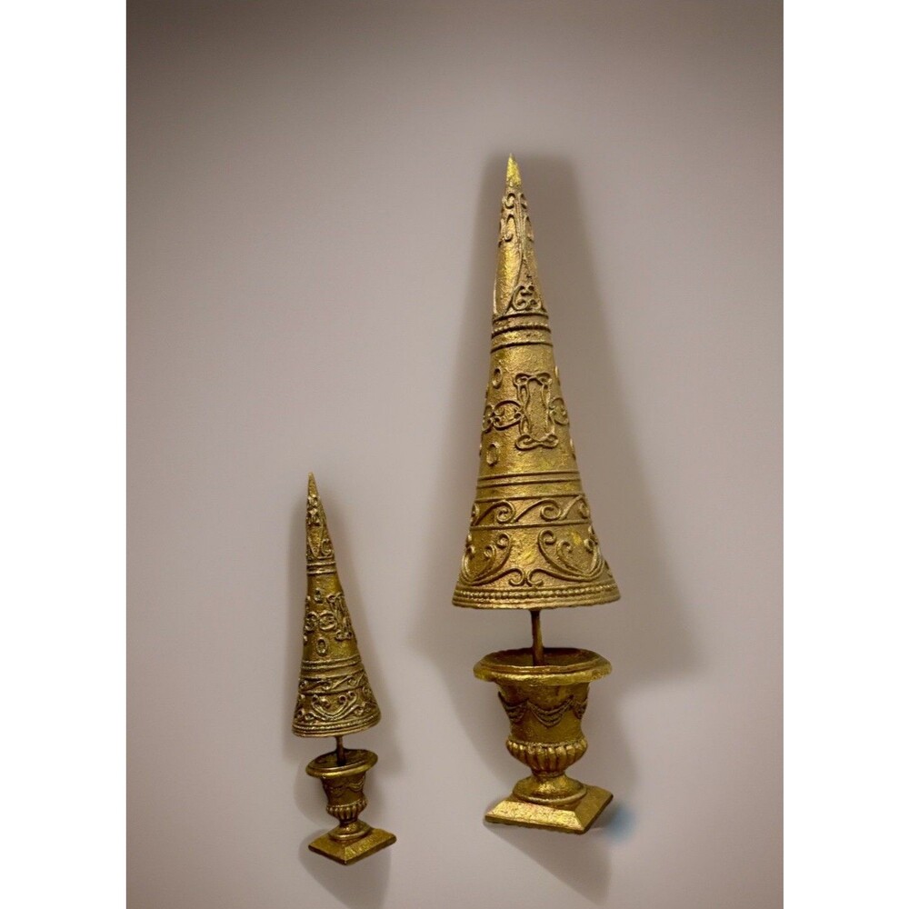 Interior Decorative Golden Ornate Christmas Tree 20” & 10” H. Set Of 2
